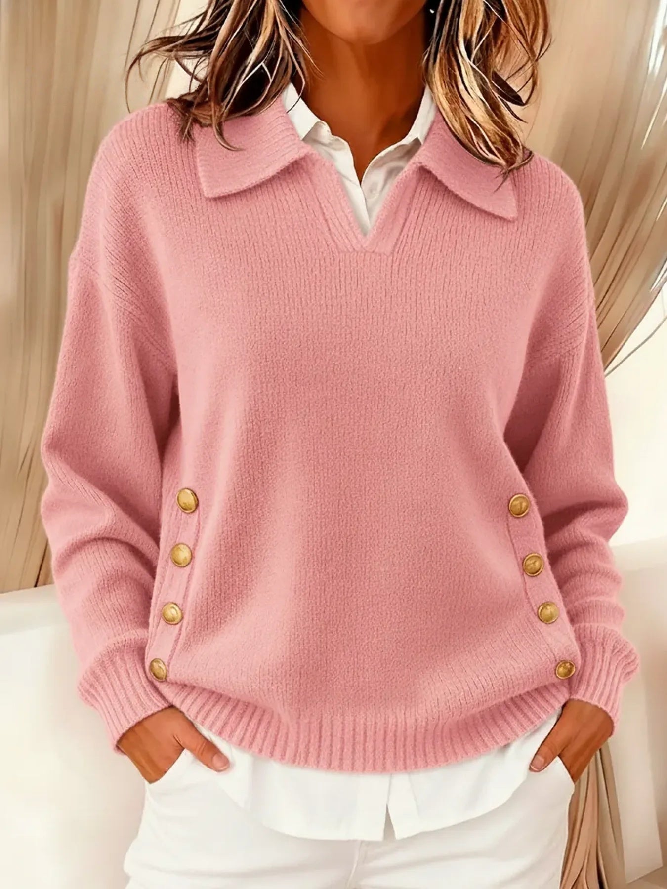Hadley - Women's Collared Knit Sweater with Gold Side Buttons