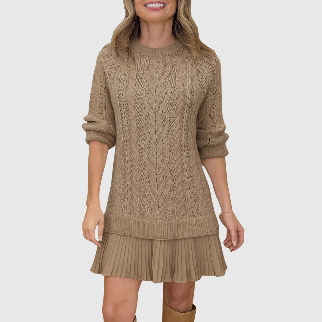 Harlow - Women's Cable-Knit Sweater Dress with Pleated Skirt Hem