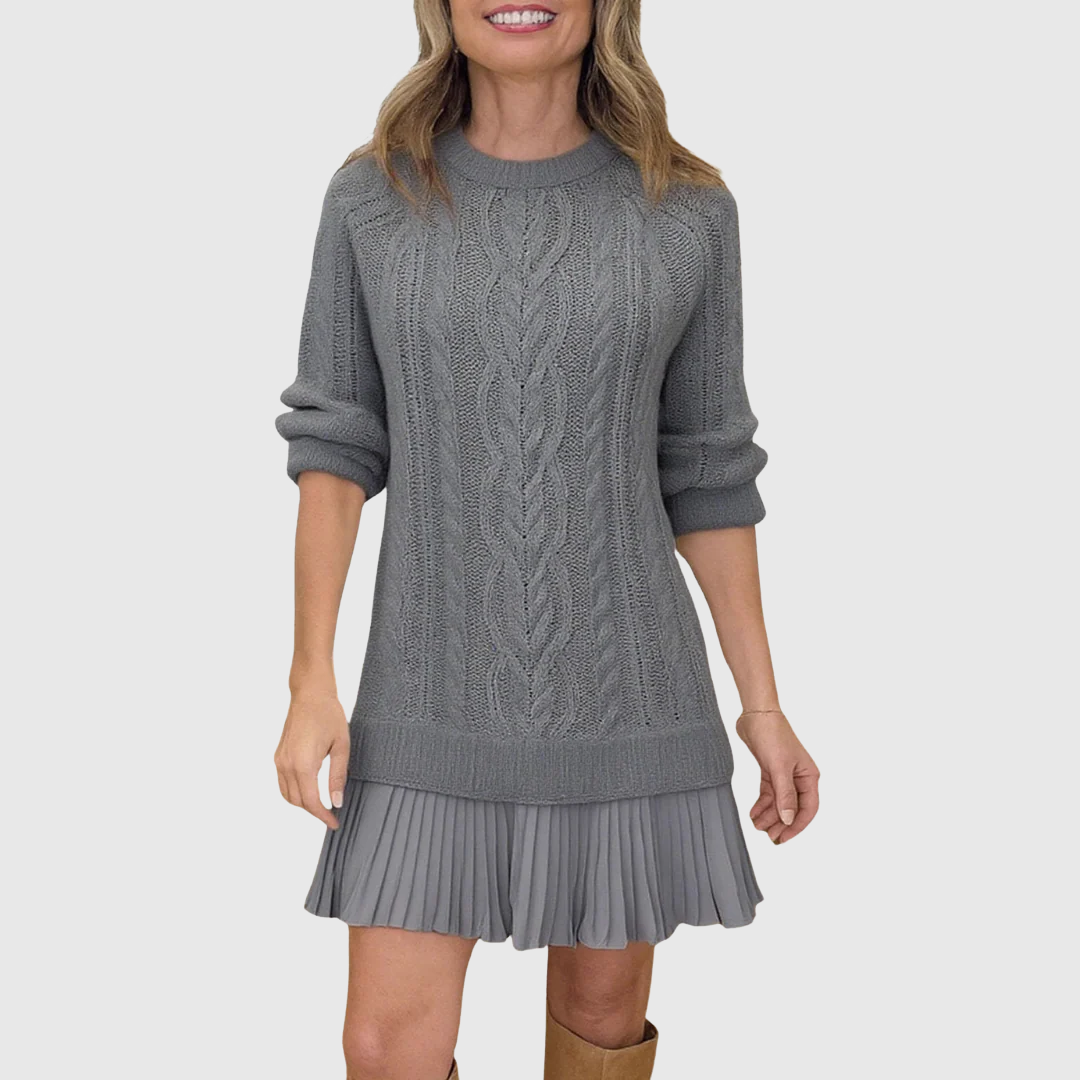 Harlow - Women's Cable-Knit Sweater Dress with Pleated Skirt Hem