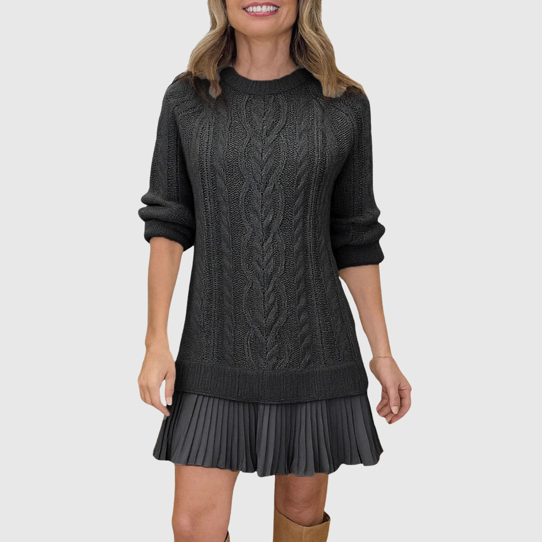 Harlow - Women's Cable-Knit Sweater Dress with Pleated Skirt Hem
