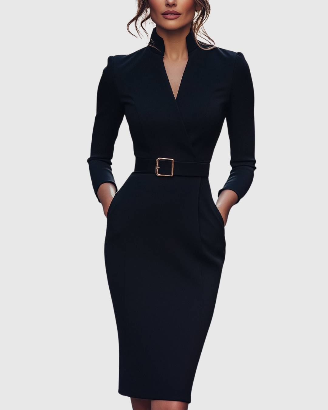 Harmony - Women's Mock-Wrap Pencil Midi Dress with Square-Buckle Belt