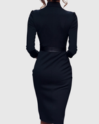 Harmony - Women's Mock-Wrap Pencil Midi Dress with Square-Buckle Belt
