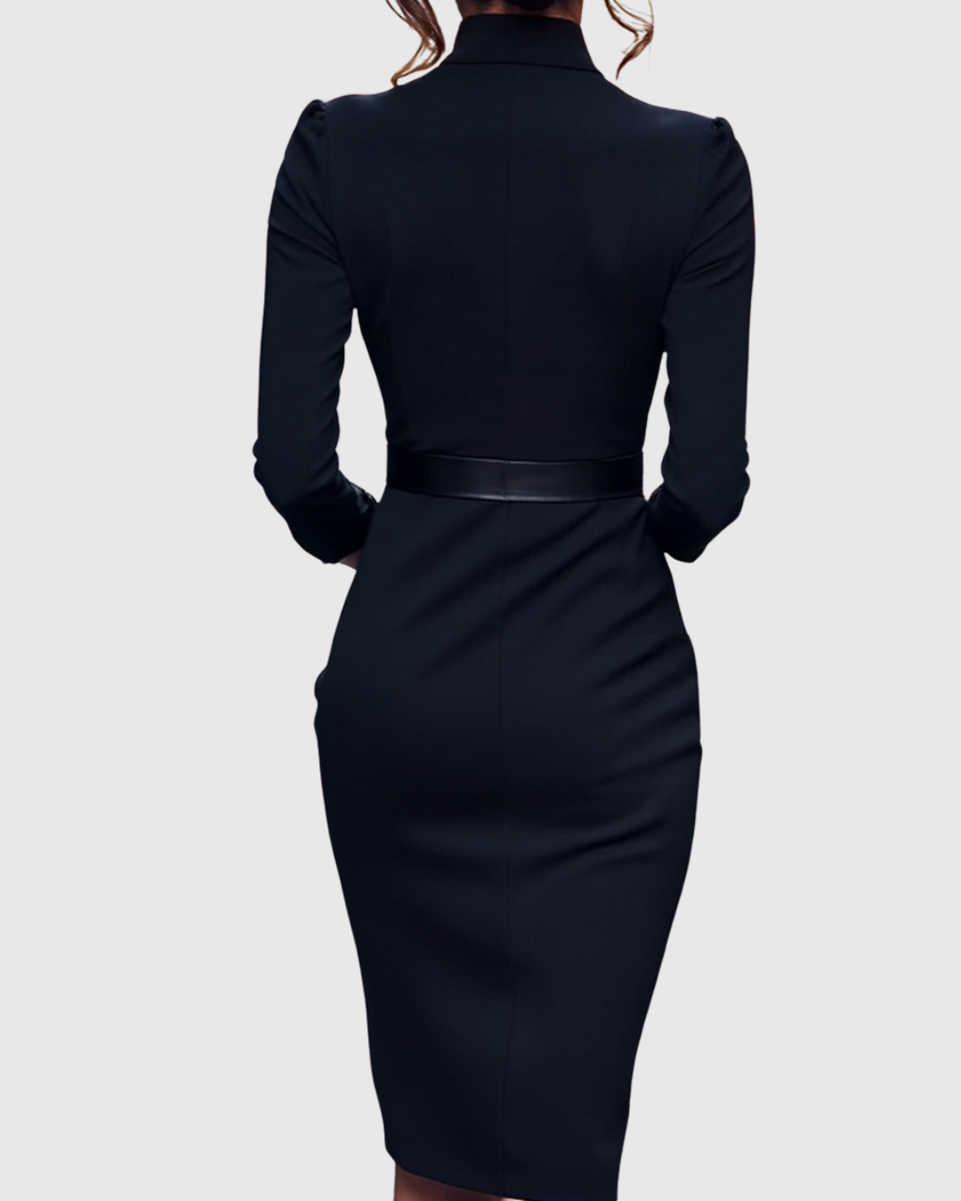 Harmony - Women's Mock-Wrap Pencil Midi Dress with Square-Buckle Belt