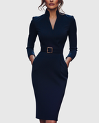 Harmony - Women's Mock-Wrap Pencil Midi Dress with Square-Buckle Belt