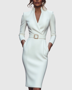 Harmony - Women's Mock-Wrap Pencil Midi Dress with Square-Buckle Belt