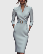 Harmony - Women's Mock-Wrap Pencil Midi Dress with Square-Buckle Belt