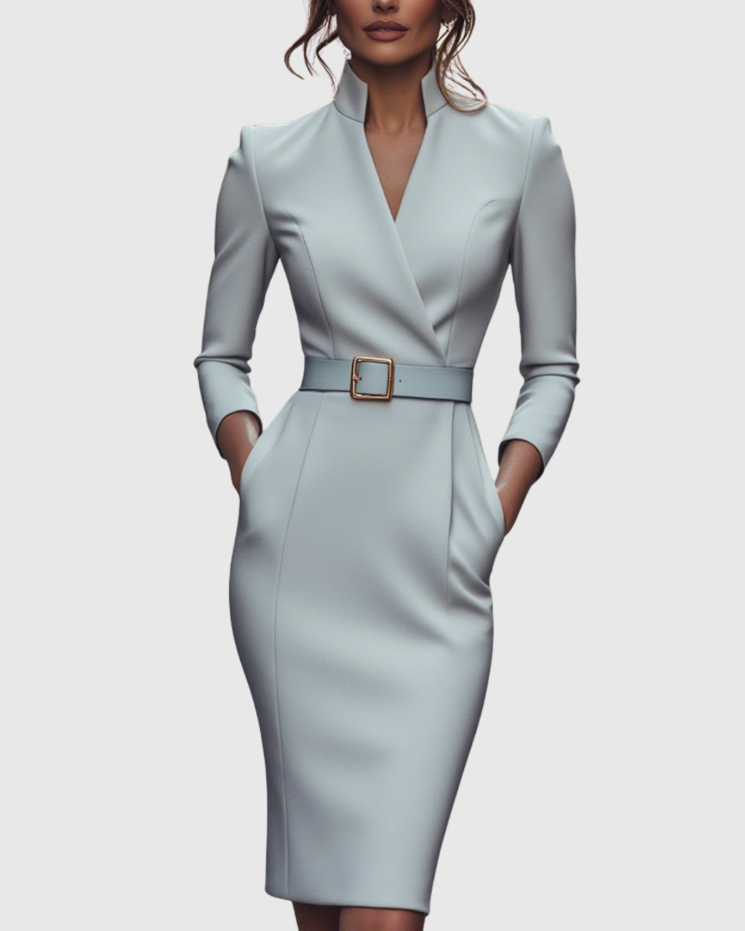 Harmony - Women's Mock-Wrap Pencil Midi Dress with Square-Buckle Belt