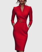 Harmony - Women's Mock-Wrap Pencil Midi Dress with Square-Buckle Belt