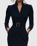 Harmony - Women's Mock-Wrap Pencil Midi Dress with Square-Buckle Belt