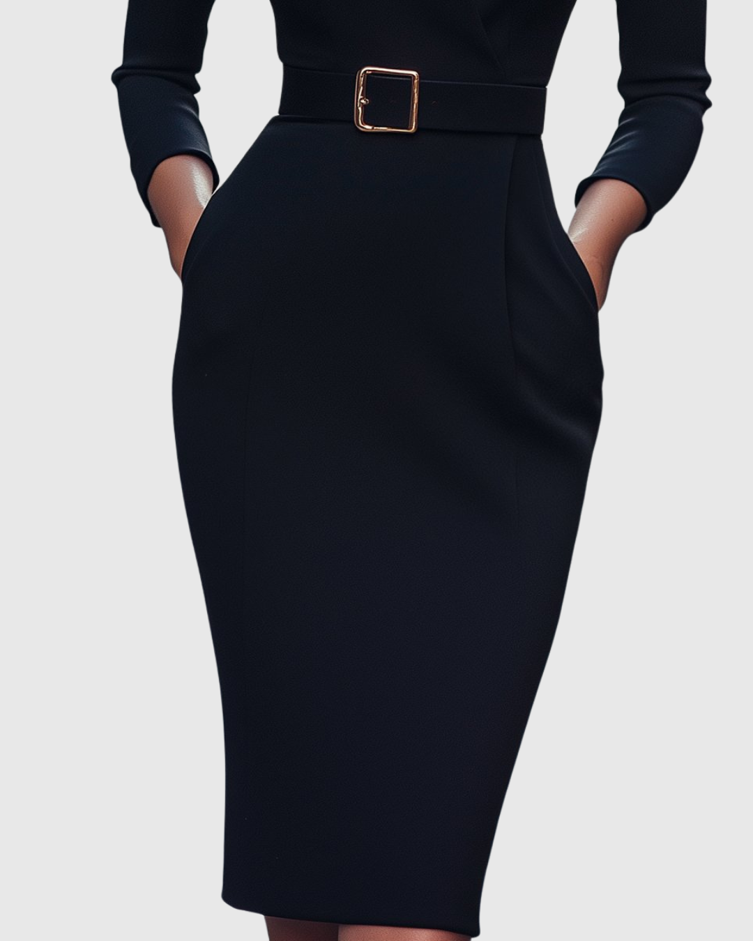 Harmony - Women's Mock-Wrap Pencil Midi Dress with Square-Buckle Belt