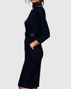 Harmony - Women's Mock-Wrap Pencil Midi Dress with Square-Buckle Belt