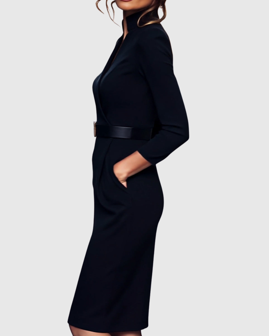 Harmony - Women's Mock-Wrap Pencil Midi Dress with Square-Buckle Belt