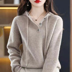 Hazel - Women's Hooded Ribbed Knit Sweater with Button Closure