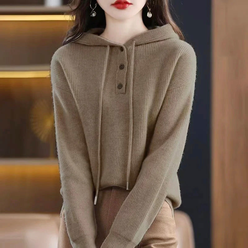 Hazel - Women's Hooded Ribbed Knit Sweater with Button Closure