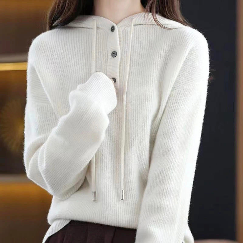 Hazel - Women's Hooded Ribbed Knit Sweater with Button Closure