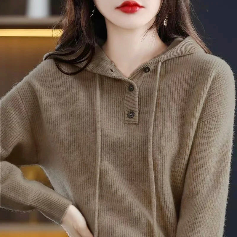 Hazel - Women's Hooded Ribbed Knit Sweater with Button Closure