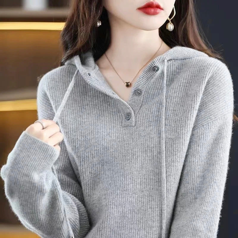 Hazel - Women's Hooded Ribbed Knit Sweater with Button Closure
