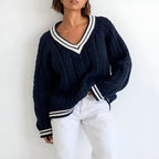 Indigo - Women's Oversized Cable-Knit Sweater with Striped Trim