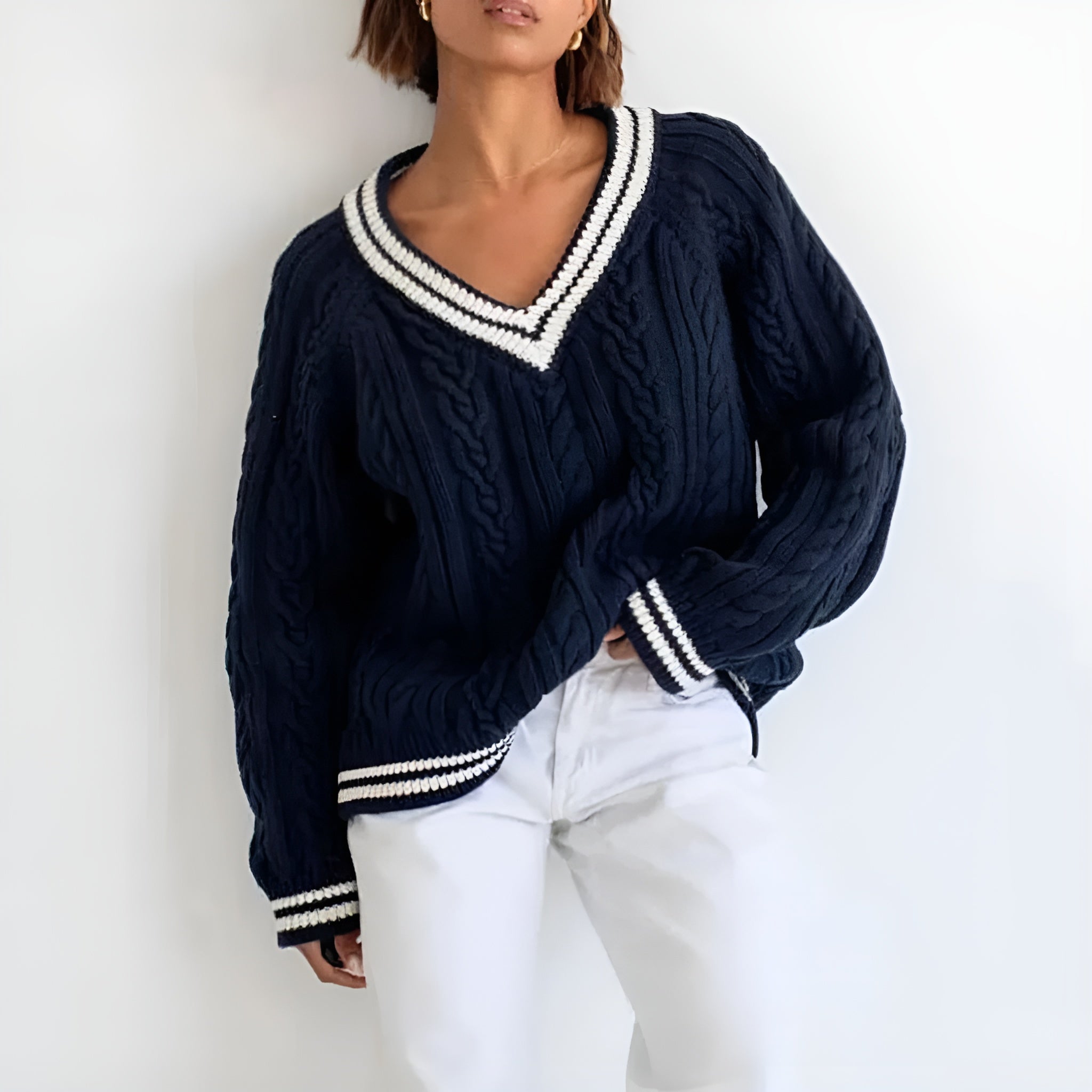 Indigo - Women's Oversized Cable-Knit Sweater with Striped Trim