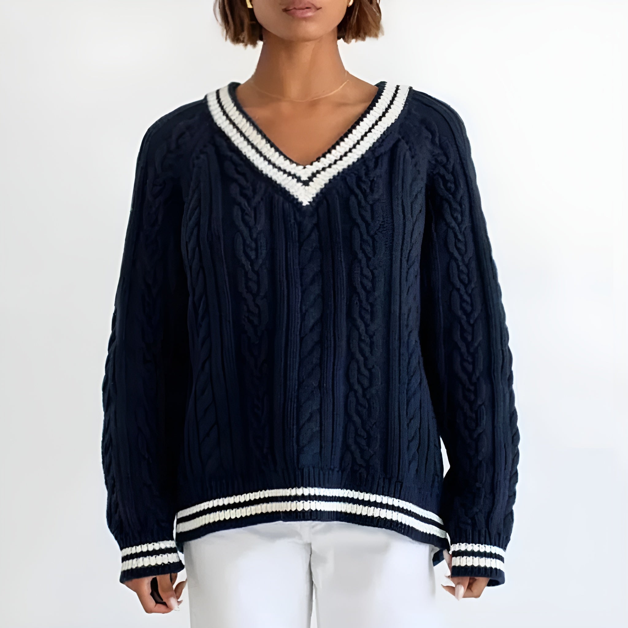 Indigo - Women's Oversized Cable-Knit Sweater with Striped Trim