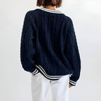 Indigo - Women's Oversized Cable-Knit Sweater with Striped Trim