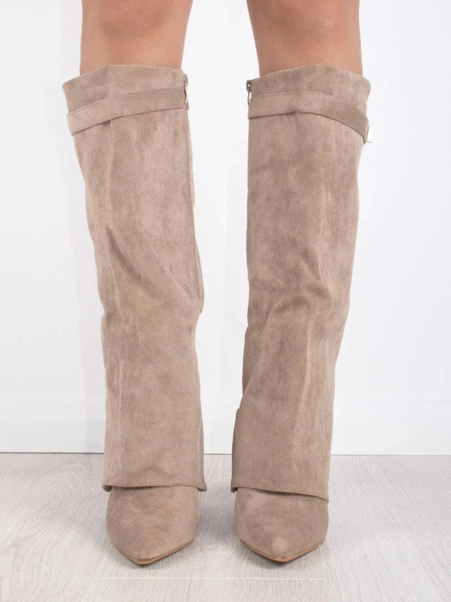 Iris - Women's Suede Knee-High Boot with Gold Hardware