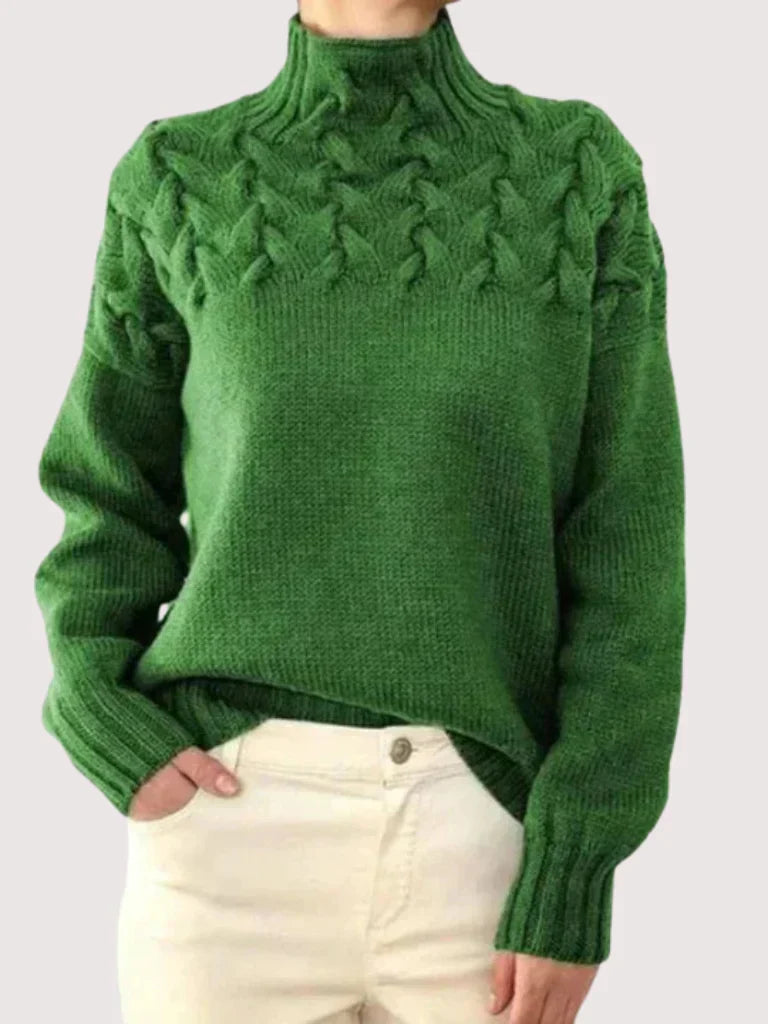 Iris - Women's Textured Turtleneck Pullover with Braided Shoulders
