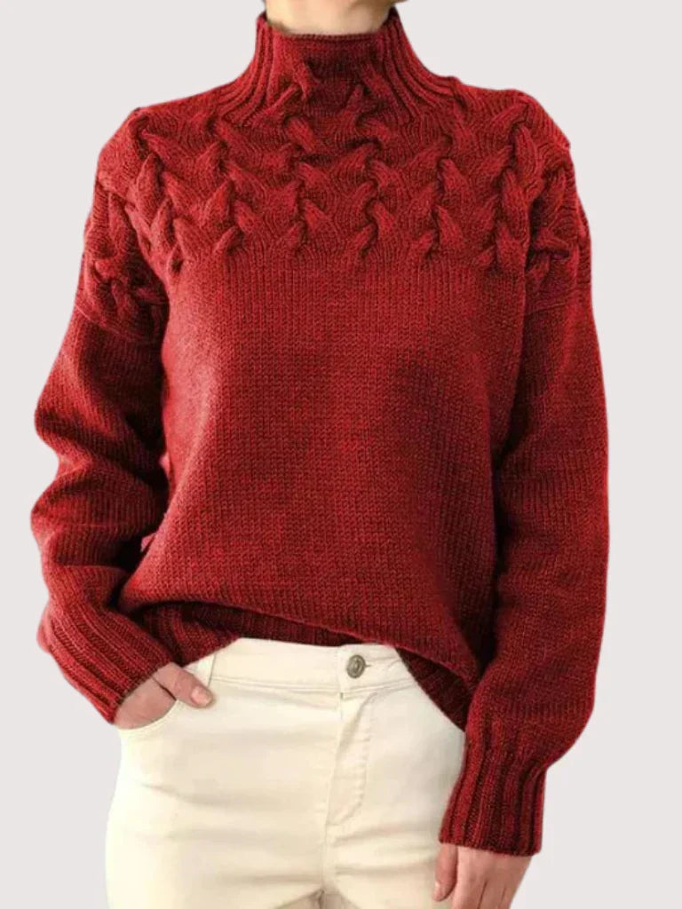 Iris - Women's Textured Turtleneck Pullover with Braided Shoulders