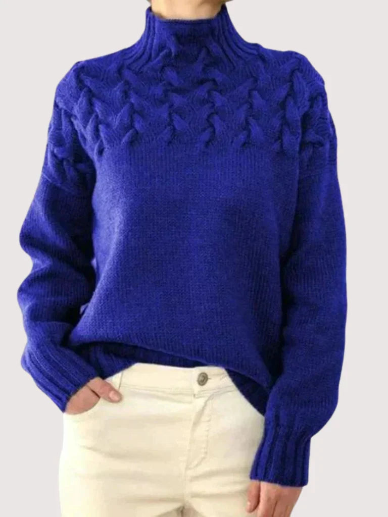 Iris - Women's Textured Turtleneck Pullover with Braided Shoulders