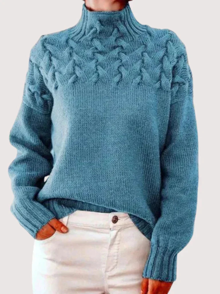 Iris - Women's Textured Turtleneck Pullover with Braided Shoulders