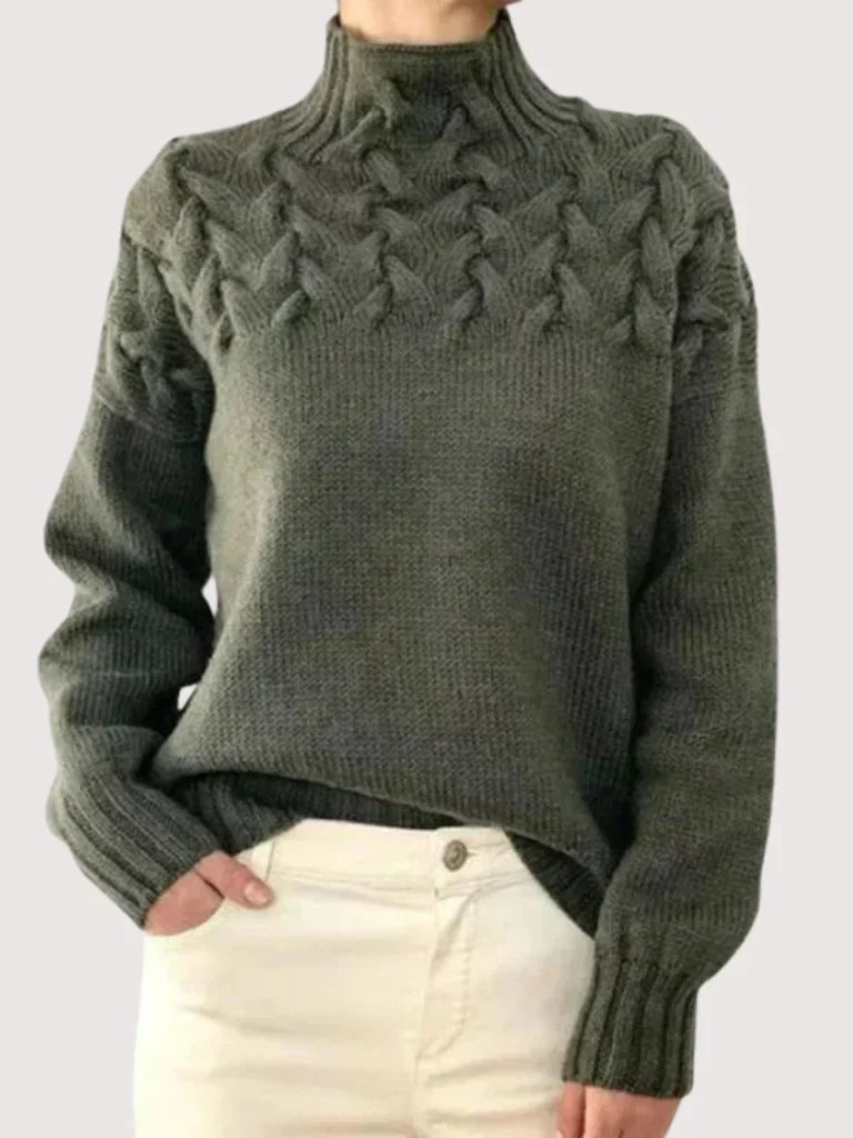 Iris - Women's Textured Turtleneck Pullover with Braided Shoulders