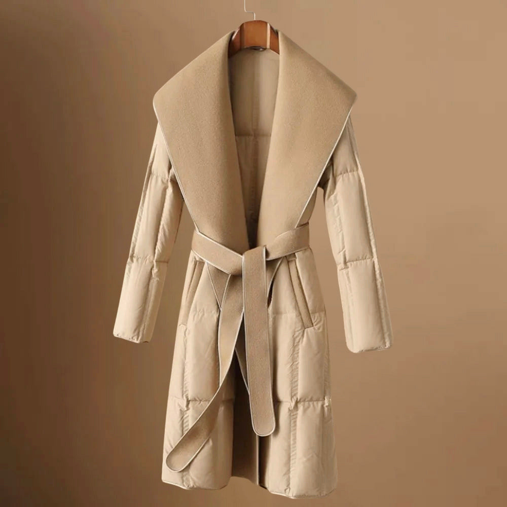 Isla - Women's Shawl Collar Quilted Puffer Coat with Self-Tie Belt