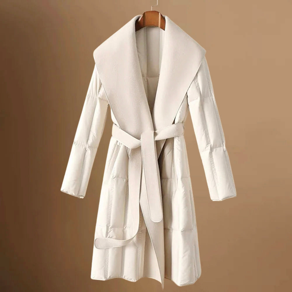 Isla - Women's Shawl Collar Quilted Puffer Coat with Self-Tie Belt