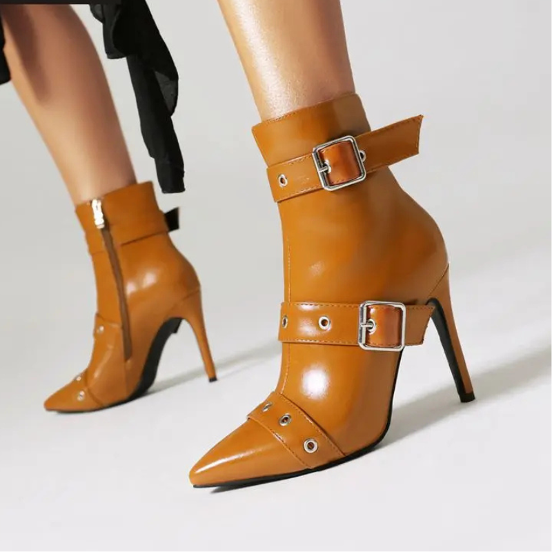 Isolde - Women's Pointed-Toe Stiletto Ankle Boots with Adjustable Buckle Straps