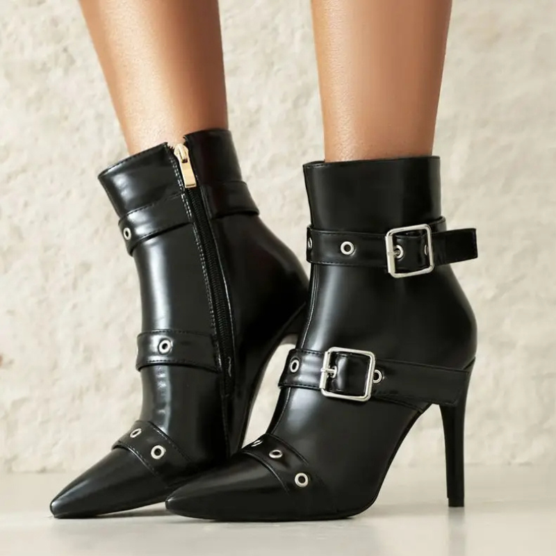 Isolde - Women's Pointed-Toe Stiletto Ankle Boots with Adjustable Buckle Straps