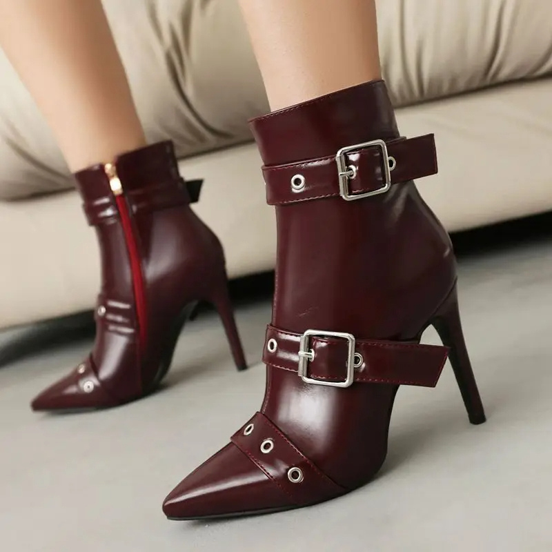 Isolde - Women's Pointed-Toe Stiletto Ankle Boots with Adjustable Buckle Straps