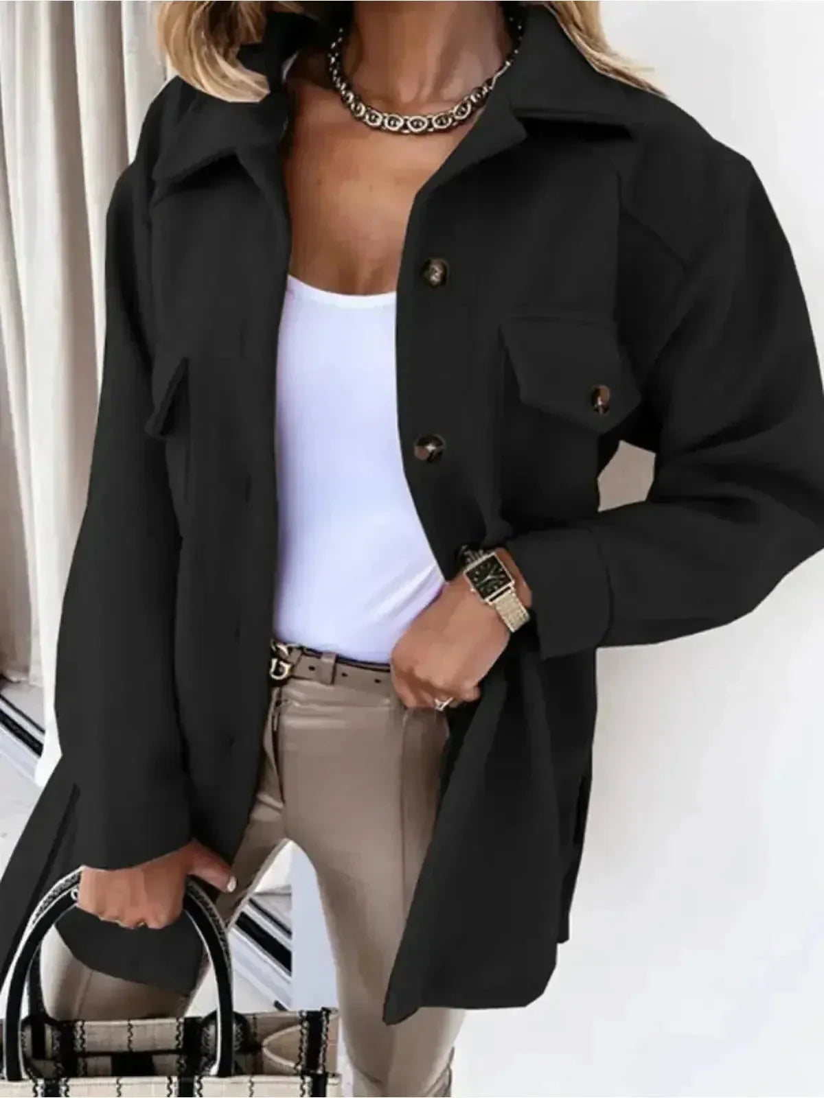 Jhonalie - Women's Button-Front Longline Blazer with Patch Pockets