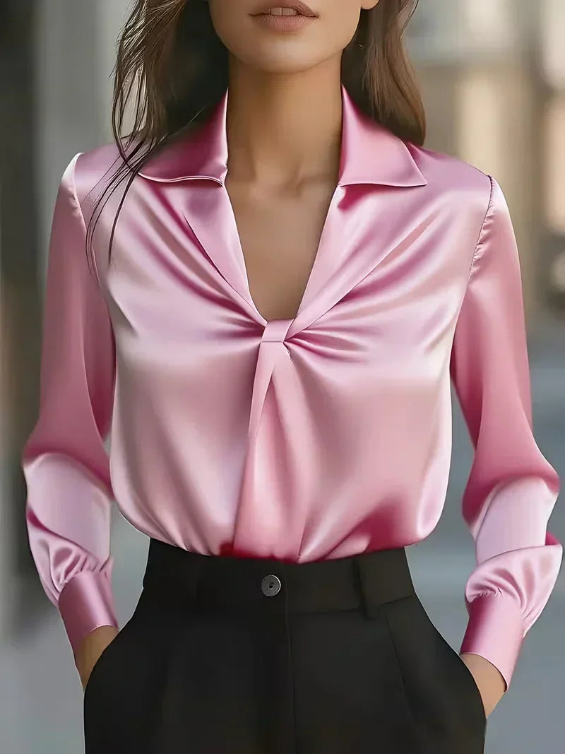 Julie - Women's Twisted-Front Satin Blouse with Notch Collar