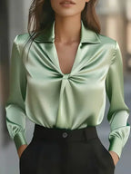 Julie - Women's Twisted-Front Satin Blouse with Notch Collar