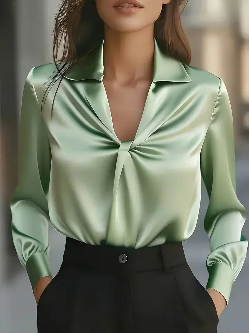 Julie - Women's Twisted-Front Satin Blouse with Notch Collar