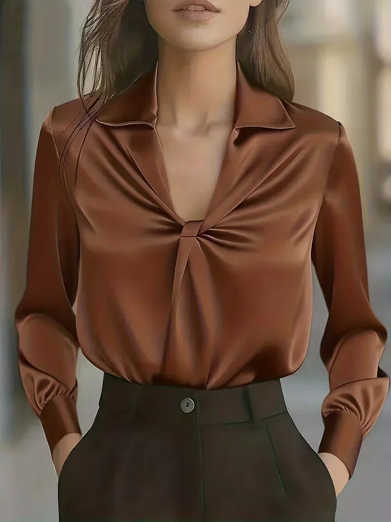 Julie - Women's Twisted-Front Satin Blouse with Notch Collar