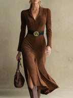 Kassian - Women's Faux Suede Midi Dress with Notch Collar and Side Slit