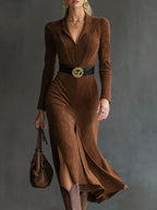 Kassian - Women's Faux Suede Midi Dress with Notch Collar and Side Slit