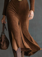 Kassian - Women's Faux Suede Midi Dress with Notch Collar and Side Slit
