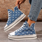 Kassidy - Women's Distressed Denim High-Top Sneakers with Studded Trim