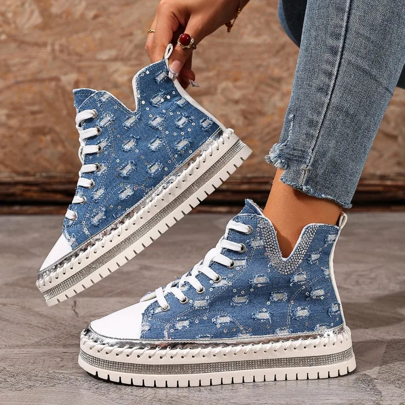 Kassidy - Women's Distressed Denim High-Top Sneakers with Studded Trim