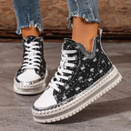 Kassidy - Women's Distressed Denim High-Top Sneakers with Studded Trim