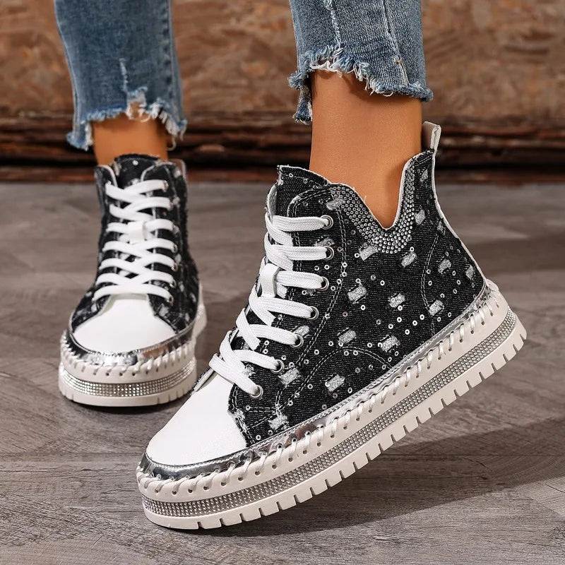 Kassidy - Women's Distressed Denim High-Top Sneakers with Studded Trim