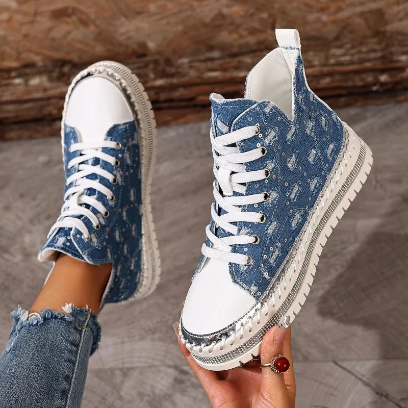 Kassidy - Women's Distressed Denim High-Top Sneakers with Studded Trim