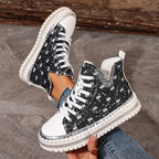 Kassidy - Women's Distressed Denim High-Top Sneakers with Studded Trim